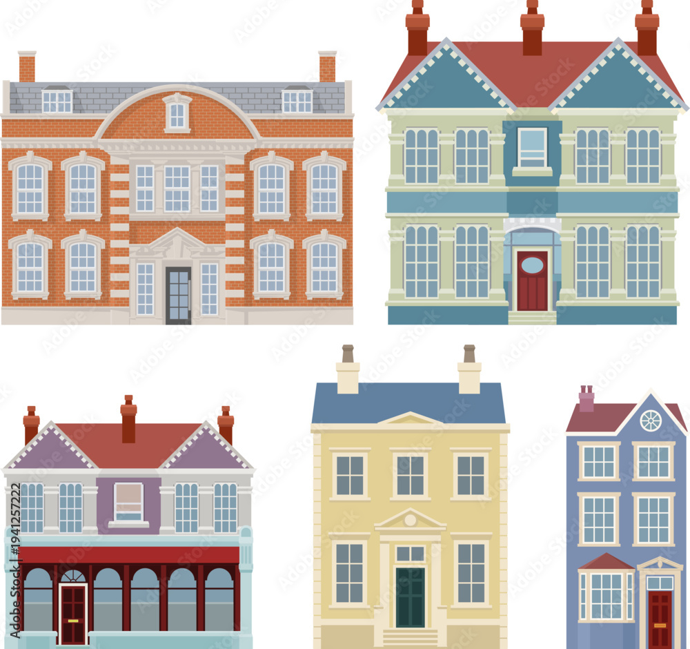 Fototapeta premium Victorian house building set with old English houses and buildings. Georgian mansion and manor style homes set. Vintage British architecture facade illustrations for backgrounds set.