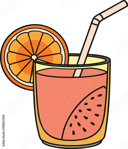 Pink grapefruit juice in glass with orange slice and straw vector illustration EPS PNG file