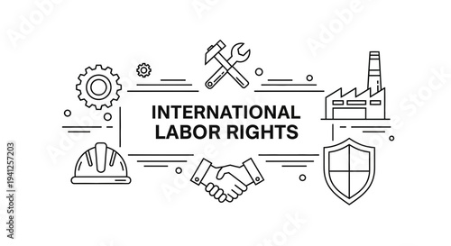 International Labor Rights Concept: Factory, Hard Hat, Shield, Handshake, Tools
