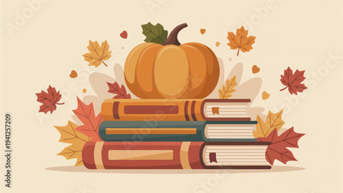 Stack of books with pumpkin and colorful autumn leaves on beige background symbolizing fall reading