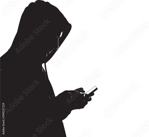 Person in a hooded silhouette using a smartphone, looking down at the screen in a dark, minimalist style.