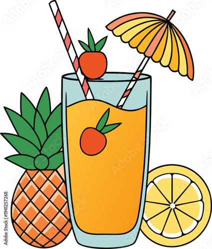 Tropical orange drink with pineapple garnish and cocktail umbrella vector illustration EPS PNG file