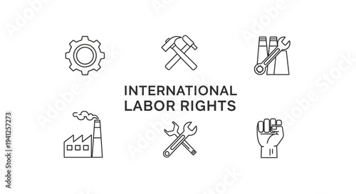 International Labor Rights Icons: Industry, Tools, Fist, Factory, Gear