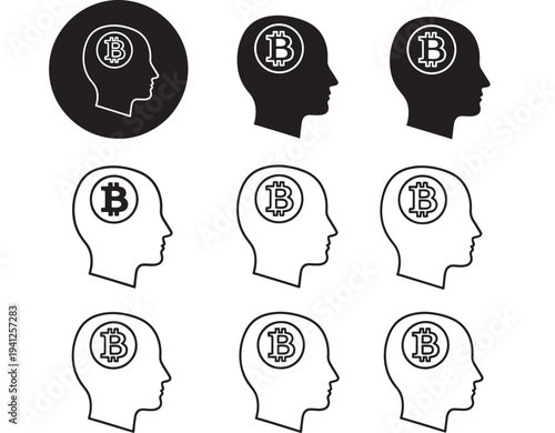 Silhouettes of heads with Bitcoin symbols inside represent cryptocurrency thought processes in various icon styles.