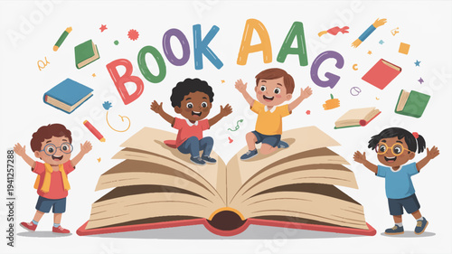 Happy children playing with books and learning materials in colorful educational setting