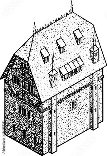 A medieval building map icon isometric illustration in a vintage retro engraved woodcut dots etching style