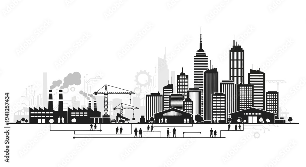 Fototapeta premium Modern Cityscape with Industrial Buildings and Skyscrapers