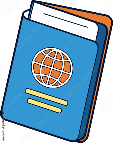 Blue passport with orange cover and white airline ticket inside vector illustration EPS PNG file