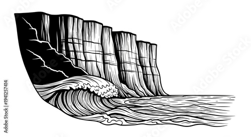 Dramatic Cliffside with Crashing Waves in Black and White