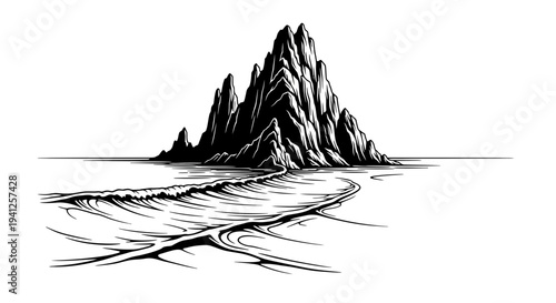 Dramatic Jagged Mountain Peak Emerging from the Sea with Crashing Waves