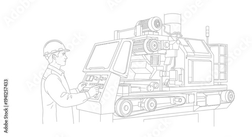 Operator controlling industrial machinery with control panel and tracks
