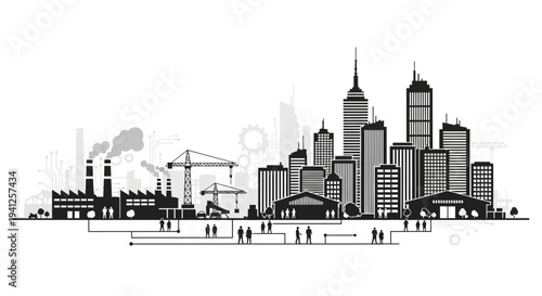 Modern Cityscape with Industrial Buildings and Skyscrapers