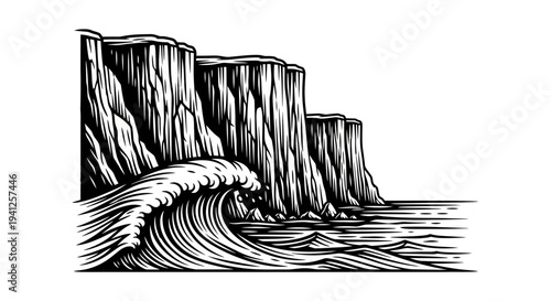 Dramatic Ocean Wave Crashing Against Rugged Cliffs in Black and White