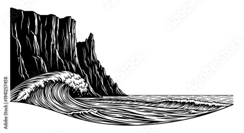 Dramatic Ocean Wave Crashing Against Rugged Cliffs in Vintage Engraving Style