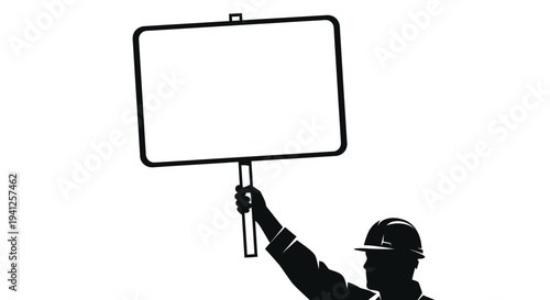 Protester holding blank sign, construction worker silhouette, protest concept