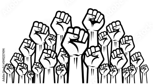 Raised Fists Protest Symbol, Unity and Strength, Black and White Clenched Hands