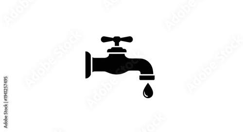 Dripping Faucet Icon Black Silhouette Isolated on White Background, Water Leak Symbol