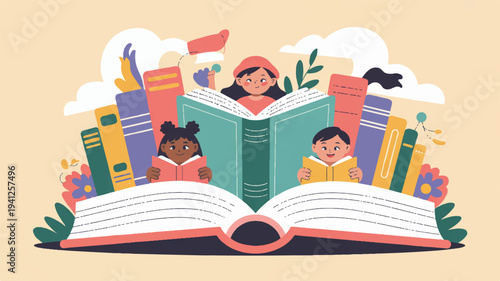 Children reading books together surrounded by colorful literature and lush greenery symbolizing learning and friendship in a vibrant educational setting