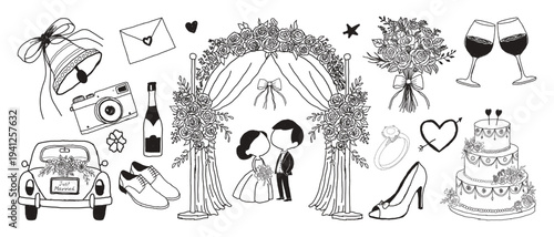 Hand drawn wedding doodle set. Black charcoal vector of Wedding Ring, Heart, Cake, Bride and groom Shoes, Couple, Arch and Just Married Car. best for scrapbook or wedding invitation template design.