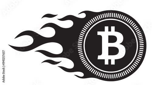 Bitcoin coin symbol with fiery flames illustration in black and white, abstract digital currency graphic.