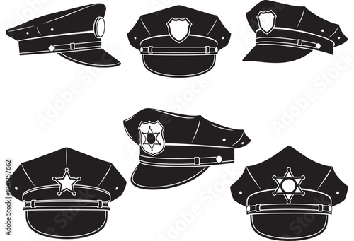 Police hats set with badges and emblems, depicting law enforcement caps in various orientations and designs for official representation.