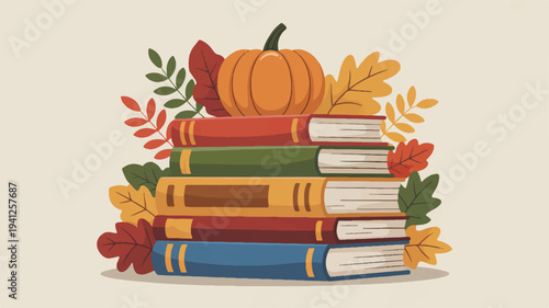 Stack of colorful books with pumpkin and fall leaves on beige background symbolizing autumn reading
