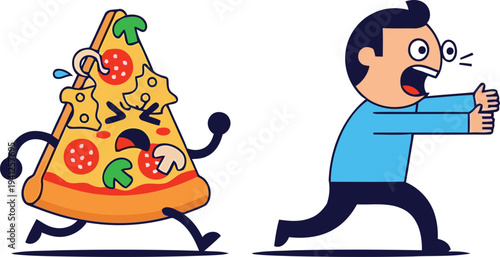 Humorous cartoon illustration of a panicked man frantically running away from a determined, anthropomorphic slice of pizza, humorously symbolizing diet struggles or overwhelming food temptation