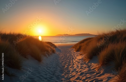Sandy path goes through tall grass dunes to calm sea beach at sunset. Golden sun reflects on ocean surface, distant islands visible on horizon. Peaceful coastal landscape at dusk.