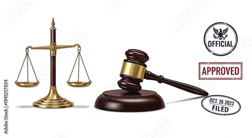 Legal Scales and Gavel with Approved Stamp