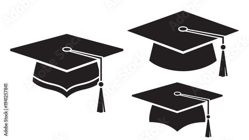 Graduation caps set with tassels for educational or academic achievement and commencement ceremonies