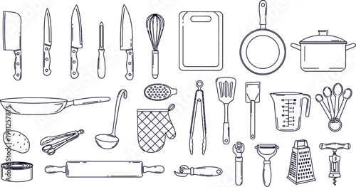 Collection of various kitchen utensils and cooking tools for preparation