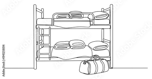Military bunk beds with a duffel bag drawn in single line art style
