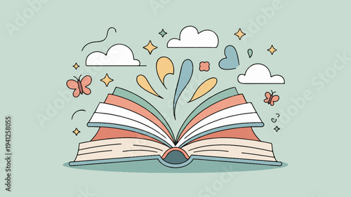 Open book with colorful pages butterflies clouds and sparks on a green background symbolizing learning and imagination in education