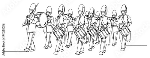 Group of soldiers in a marching band playing drums in continuous line art style