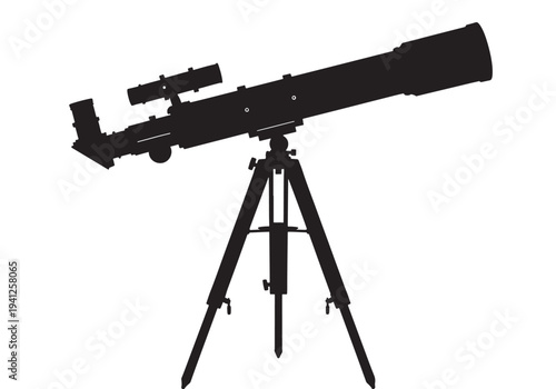 Telescope with tripod and finder scope in black silhouette against a white background, symbolizing astronomy and exploration