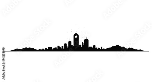 Cityscape Silhouette with Star Emblem and Mountains