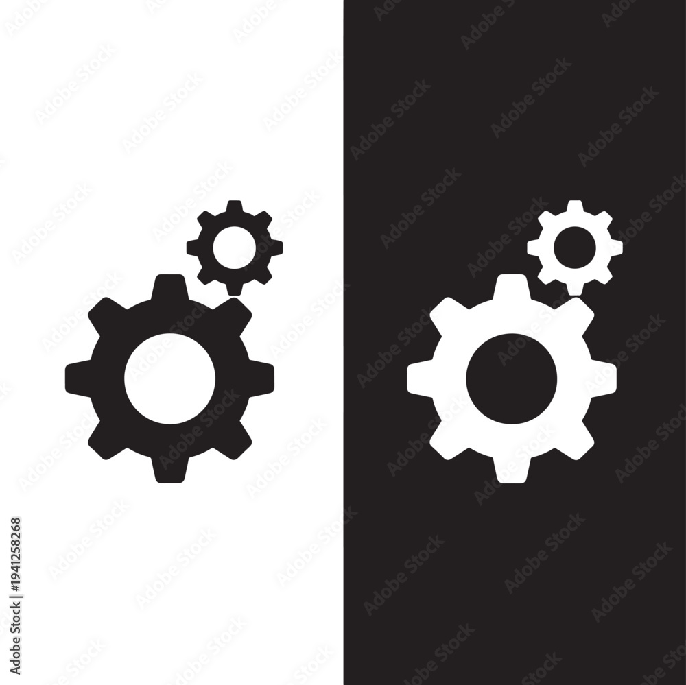 Fototapeta premium Gears icon in black and white with two interlocked sprockets indicating mechanical work or settings featuring gear, cog, cogs with sprocket and