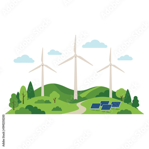 Renewable Energy Technology Elements Set with Geothermal, Hydrogen, Tidal, Wave and Algae Biofuel Illustration