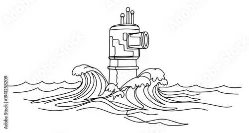 Submarine periscope emerging from rough sea waves in continuous line art style