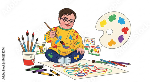 A young boy with glasses sits cross legged on the floor enthusiastically painting colorful circles on a large sheet of paper with a brush surrounded by art supplies like paints