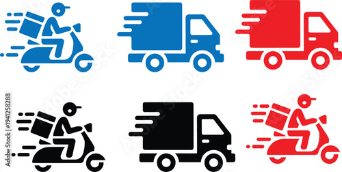 Collection of delivery vehicle and motorcycle icons in various colors symbolizing fast and efficient shipping services worldwide.
