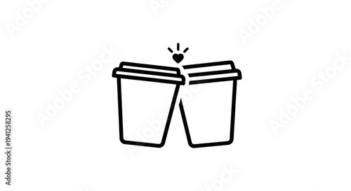Couple of coffee cups toasting with a heart symbol above, love for coffee concept