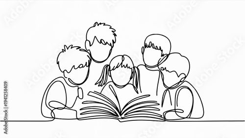 Four diverse children reading a book together in a line drawing style with educational concept