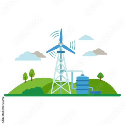 Renewable Energy Technology Elements Set with Geothermal, Hydrogen, Tidal, Wave and Algae Biofuel Illustration