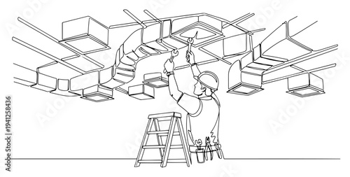 Technician on ladder installing ventilation ducts and HVAC system in continuous line art style