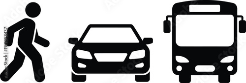 Simple graphic icons representing pedestrian, car, and bus in a row on a white background for transportation themes