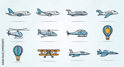 Diverse Collection of Aircraft and Air Transport Icons.