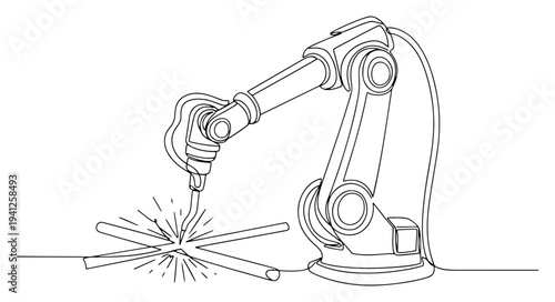 Industrial robotic arm performing precision welding on metal in continuous line art style