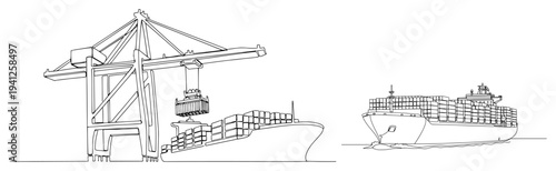 Container ship being loaded by a harbor gantry crane in continuous line art style