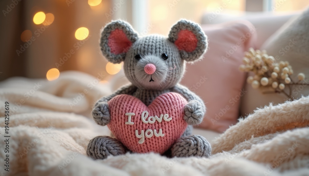 Fototapeta premium Knitted grey mouse toy holding pink heart pillow with I love you text. Cozy indoor scene with soft blankets and bokeh lights, perfect for gifts.